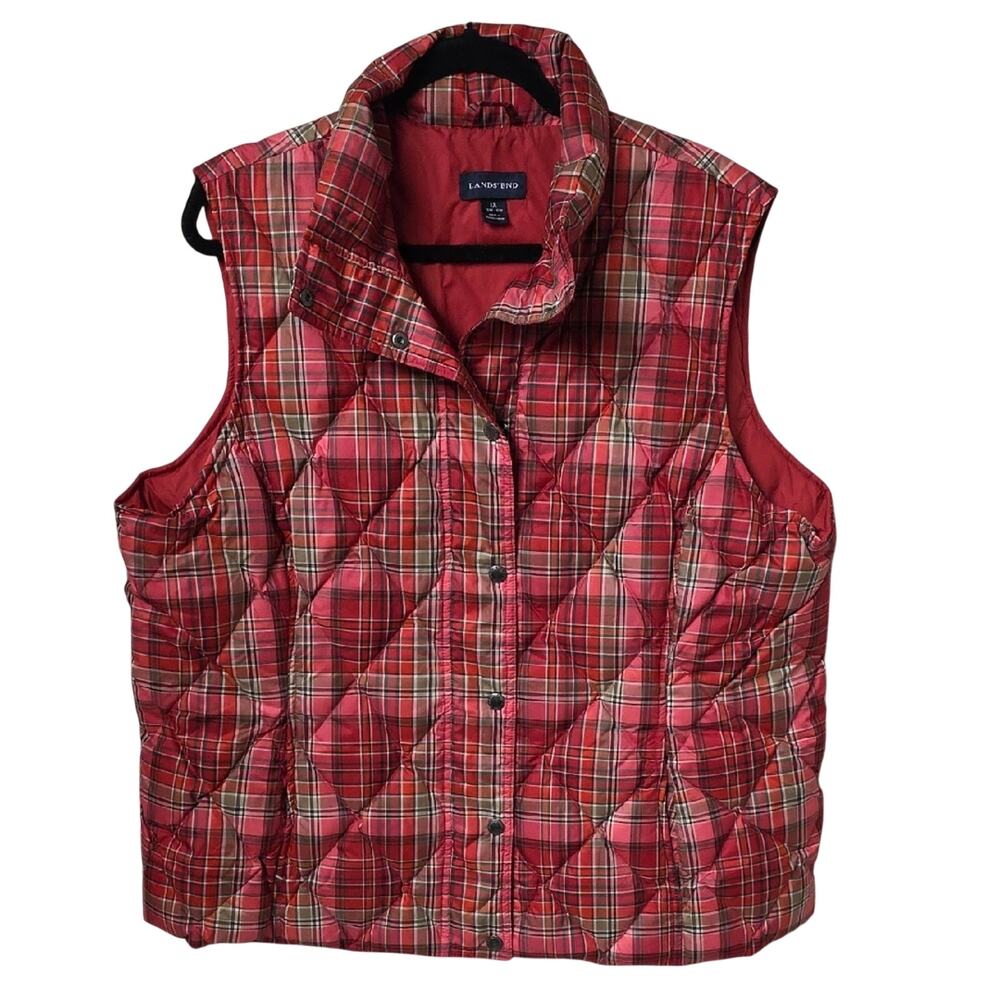 Lands' End Red Tartan Plaid Quilted Down Puffer Vest Womens Plus Size 1X